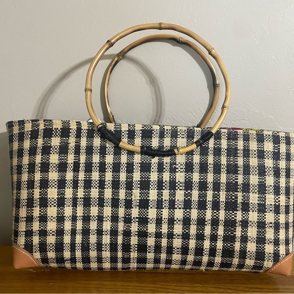 Black and Cream Hobo Bag with Bamboo Handles